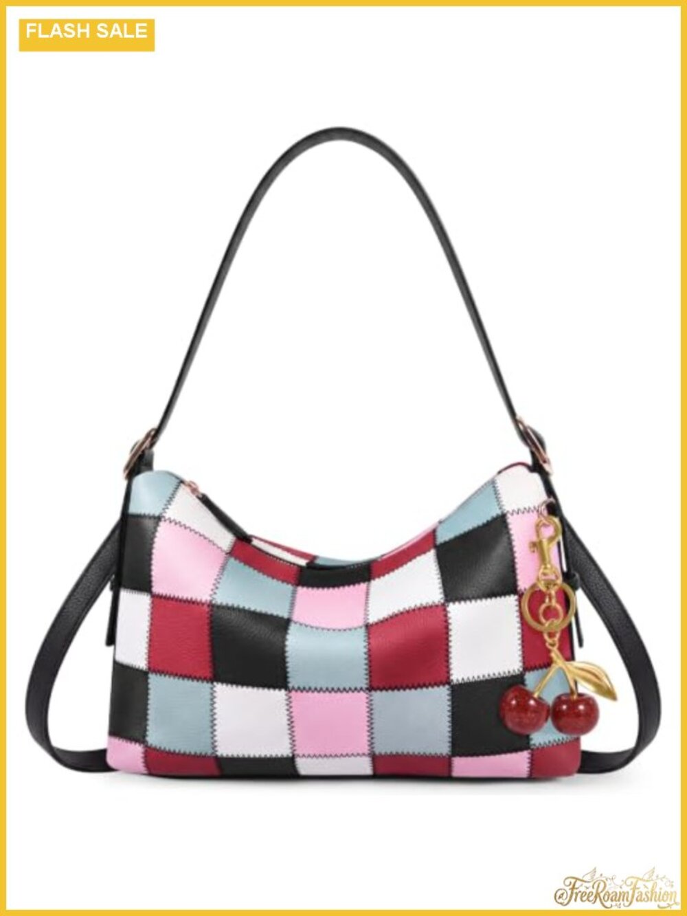 PU Leather Checkered Hobo Bag Vegan Leather Crossbody Purse with Cherry Charm